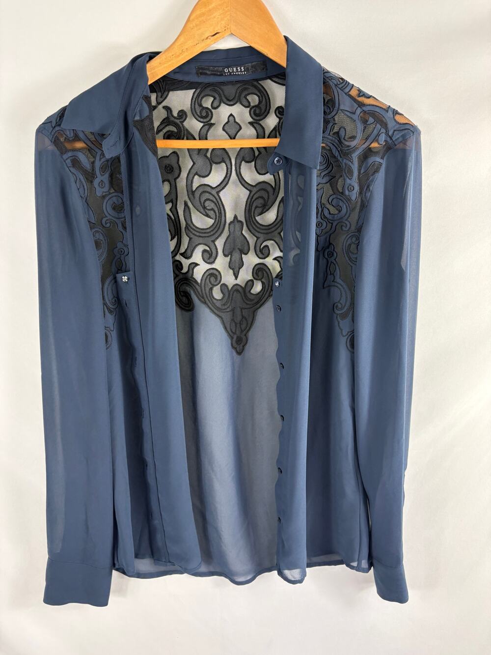 Guess Lace Detail Back Blue Button Up Shirt Size Small
